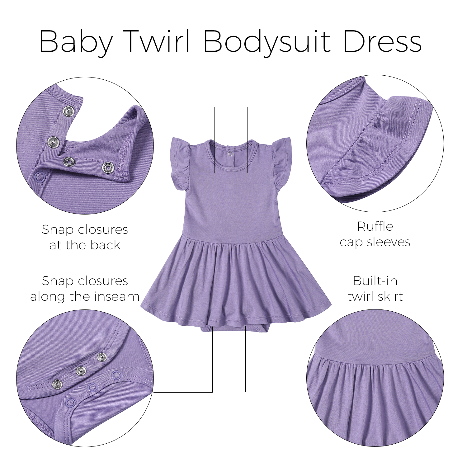 OEM Organic Bamboo Baby Girls Cute Twirl Dresses Snap Button Closure Solid Breathable Onesie Skirt Ruffled Sleeve Bodysuit Dress - Image 3