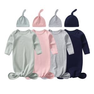 Custom Print Bamboo Spandex Newborn Knotted Baby Gown Sleeper Sleeping Sack Hat Set for Baby