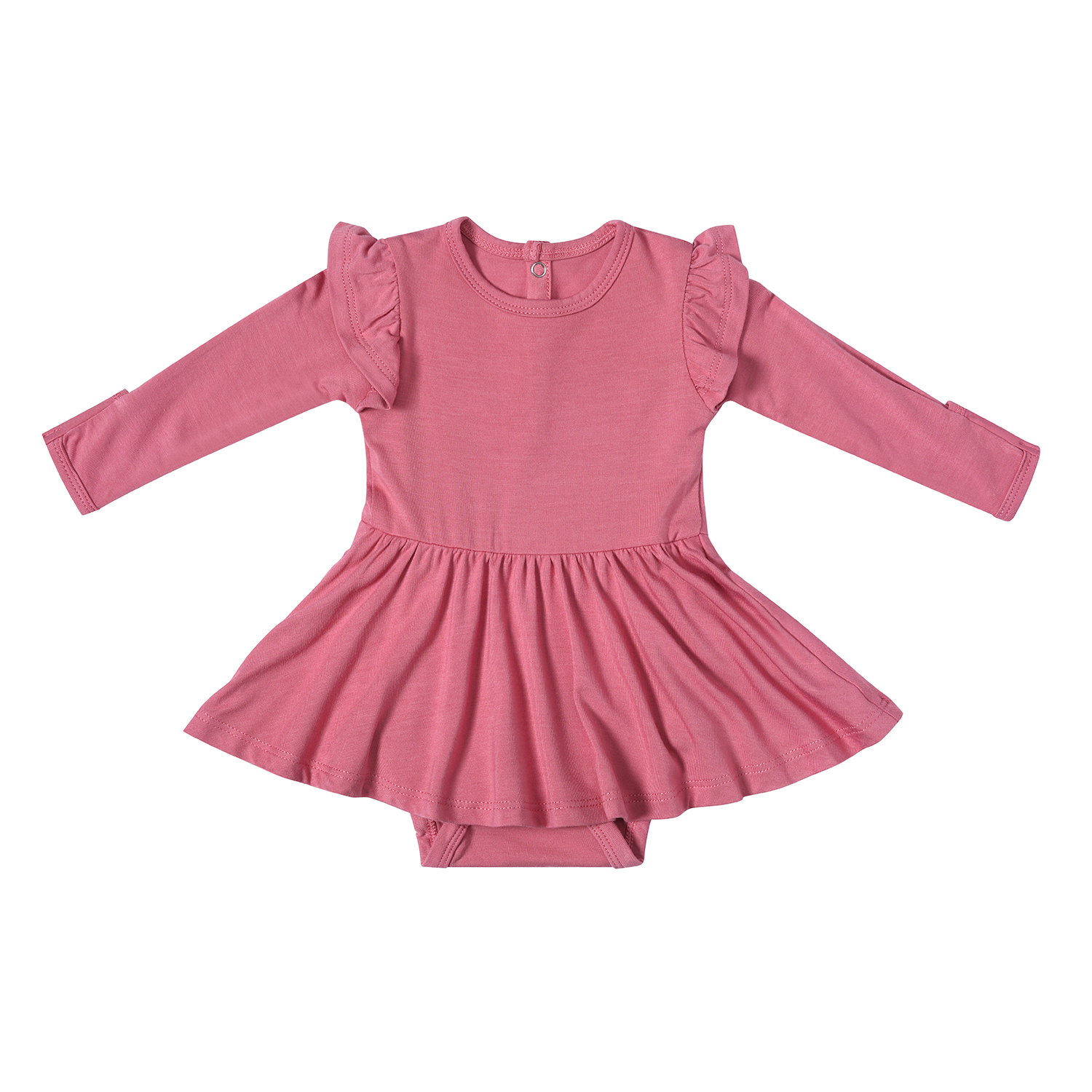 Organic Bamboo Baby Girls Long Sleeve Ruffle Shoulder Bodysuit Dress Snap Button Closure Newborn Romper Onesie Twirl Dress - Image 2