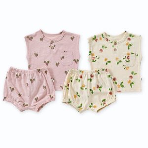 Wholesale Custom Printed Toddler Kids Sleeveless 2 Piece Outfit Newborn Baby Summer Tops + Shorts Clothes Sets