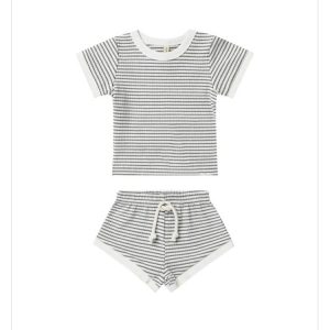 Outdoor Cotton Kids Summer Short Sleeve T-shirts and Shorts Two Piece Clothing Set Infant Cotton Clothes Casual Baby Ribbed Set