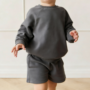 Custom Color Toddler 95% Cotton 5% Spandex Baby Crewneck 2 Piece Sweatshirt Tracksuit Set Kids Sweatshirt and Shorts Set