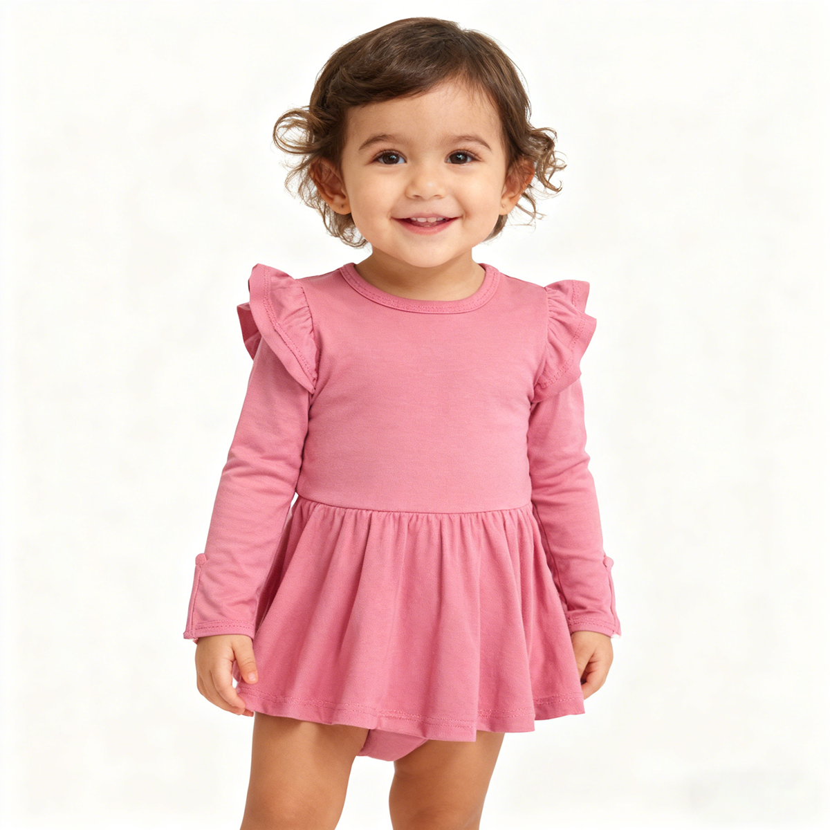 Organic Bamboo Baby Girls Long Sleeve Ruffle Shoulder Bodysuit Dress Snap Button Closure Newborn Romper Onesie Twirl Dress