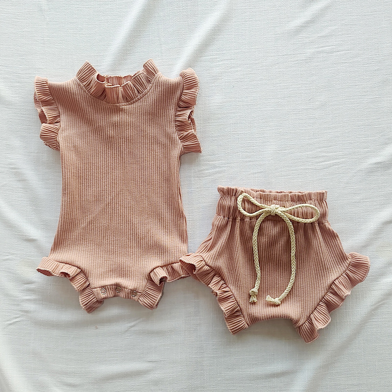 Customized Organic Cotton Baby Ribbed Romper Sleeveless Solid Bodysuit Top with Ruffle Bloomer Clothing Sets Infant Onesie - Image 3