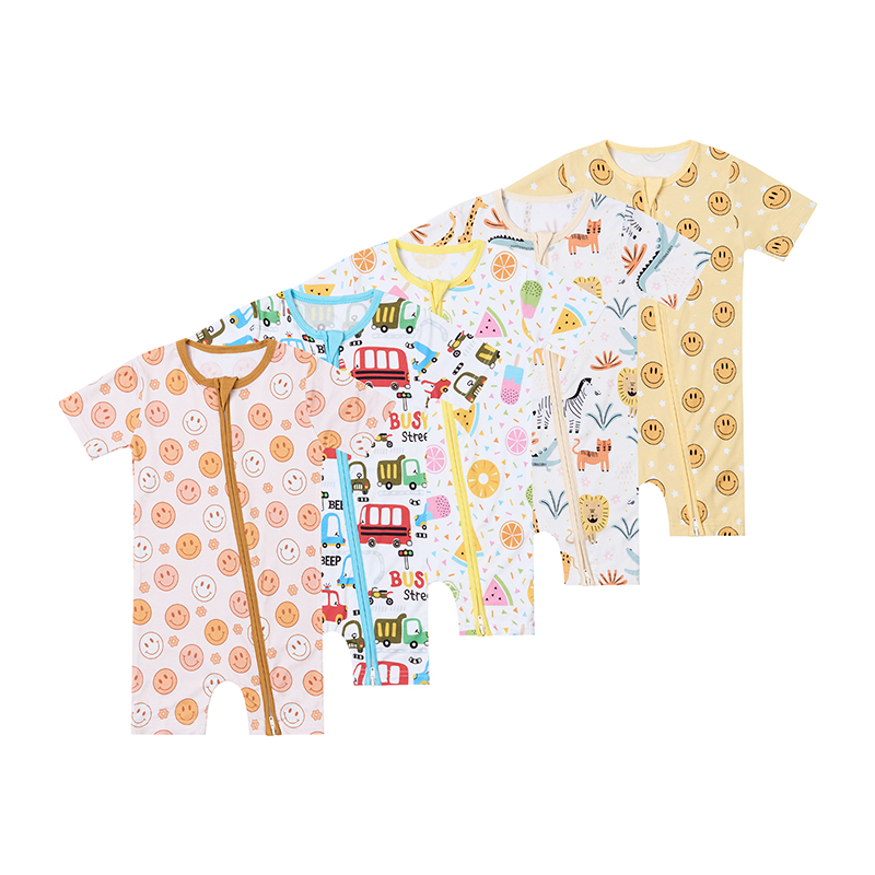 Custom Print Bamboo Spandex Baby Double Zipper Short Sleeve Romper Pajamas Sleeper Clothes