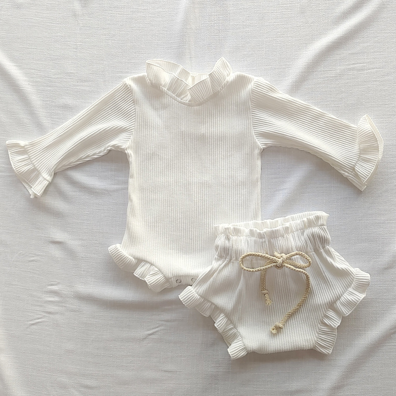 Wholesale 95% Cotton 5% Spandex Newborn Unisex Ruffle Romper Long Sleeve Onesie with Drawstring Lotus Leaf Pants Baby Cloth Sets - Image 2
