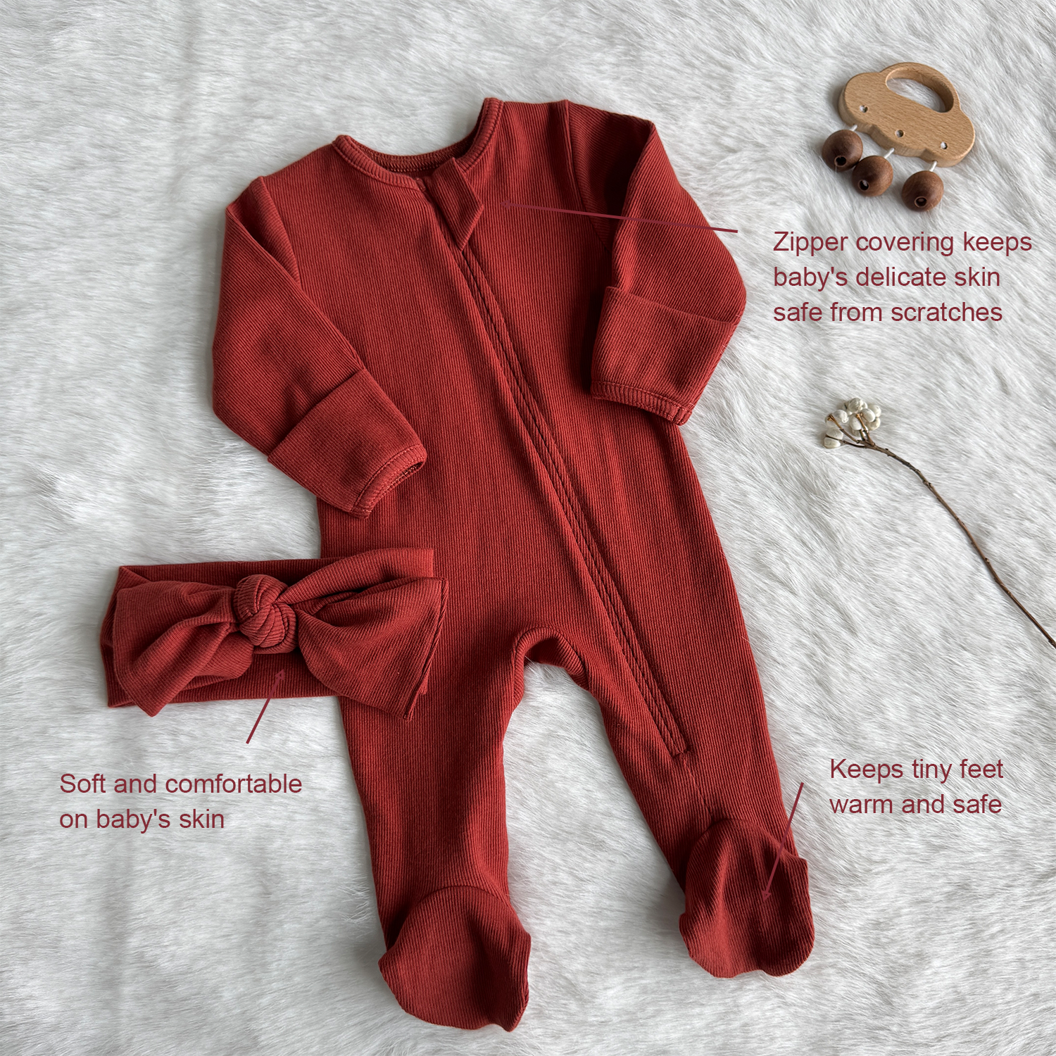 Custom Solid Baby Romper Knit Ribbed Sleeper Bodysuit Pajama Infant Unisex Long Sleeve One Piece Outfit Onesie With Bow Headband - Image 5