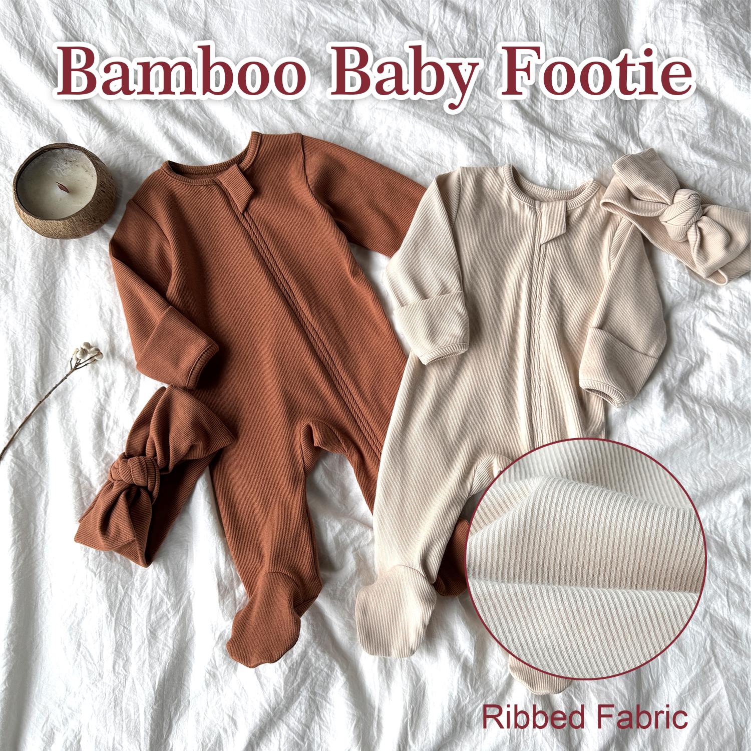 Custom Solid Baby Romper Knit Ribbed Sleeper Bodysuit Pajama Infant Unisex Long Sleeve One Piece Outfit Onesie With Bow Headband - Image 4