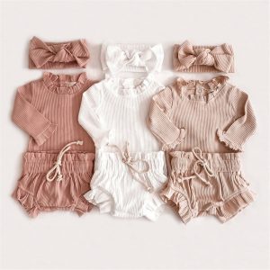 Wholesale 95% Cotton 5% Spandex Newborn Unisex Ruffle Romper Long Sleeve Onesie with Drawstring Lotus Leaf Pants Baby Cloth Sets