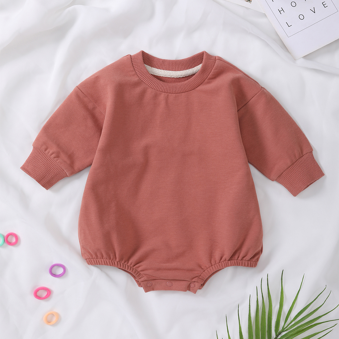 Ready to Ship Baby Crewneck Sweatshirt Romper Toddler Solid Pattern Jumpsuit Romper French Terry Cotton Newborn Bubble Romper - Image 3