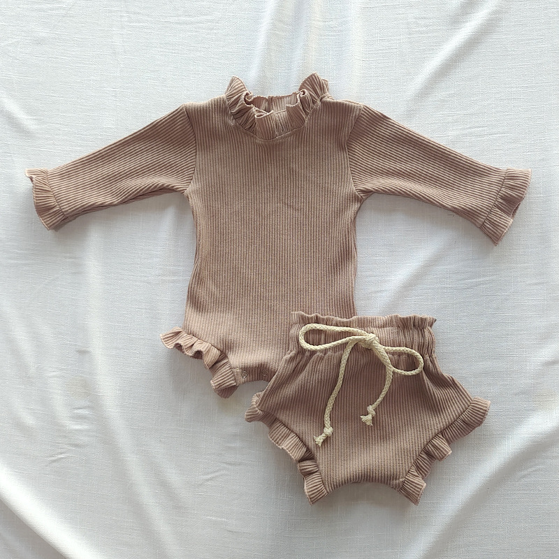 Wholesale 95% Cotton 5% Spandex Newborn Unisex Ruffle Romper Long Sleeve Onesie with Drawstring Lotus Leaf Pants Baby Cloth Sets - Image 3