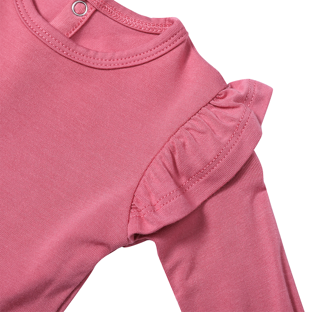 Organic Bamboo Baby Girls Long Sleeve Ruffle Shoulder Bodysuit Dress Snap Button Closure Newborn Romper Onesie Twirl Dress - Image 3