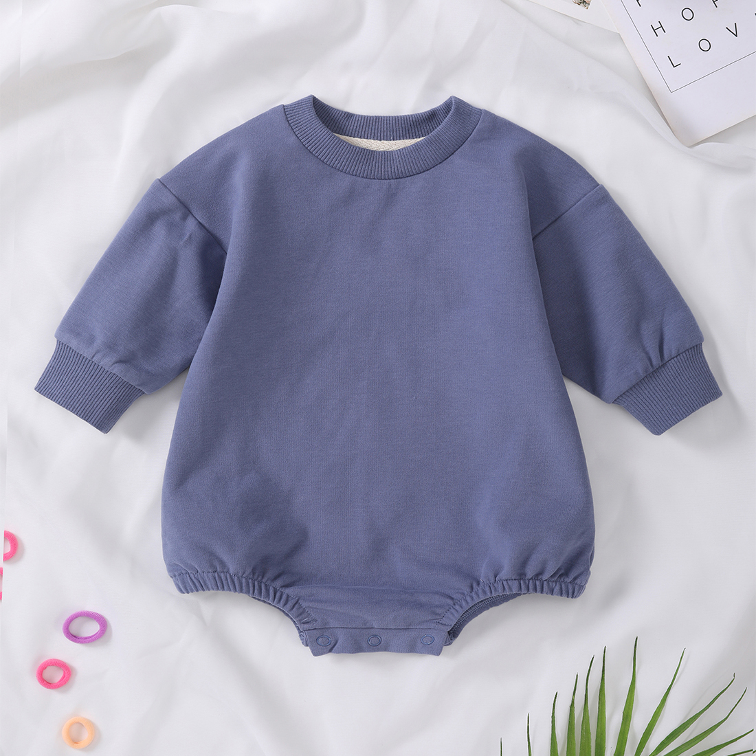 Customized French Terry Organic Cotton Sweatshirt Romper Solid Color Baby Onesie Ready to Ship Kids Bubble Bodysuit - Image 2
