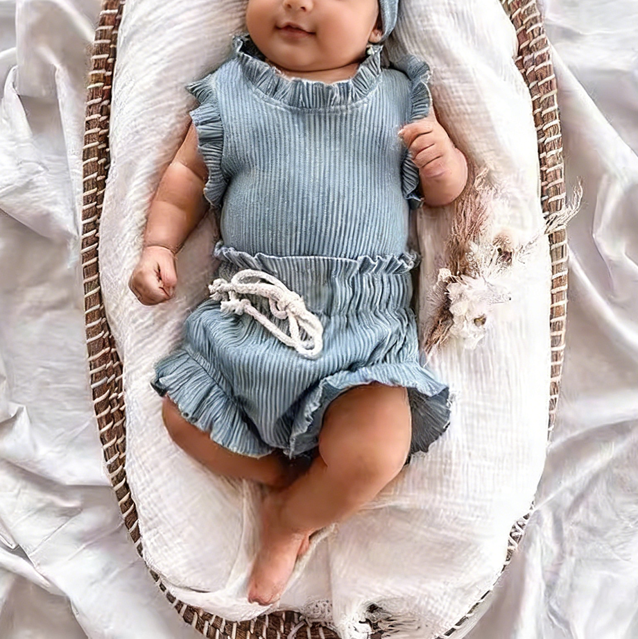 Customized Organic Cotton Baby Ribbed Romper Sleeveless Solid Bodysuit Top with Ruffle Bloomer Clothing Sets Infant Onesie - Image 5