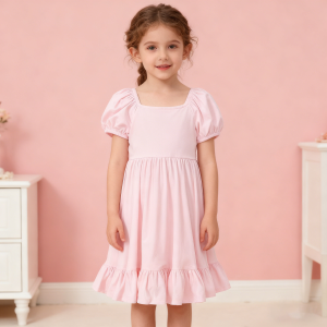 Wholesale Organic Bamboo Viscose Girls' Dresses Puff Short Sleeve Toddler Solid Summer One Piece Little Kids Girls Twirl Dress