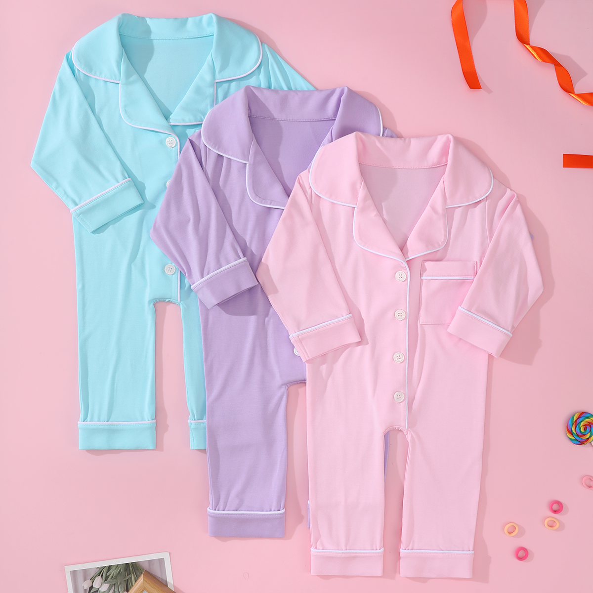 Custom Solid Color Button up Baby Pajamas Romper Infant Newborn One Piece Sleeping Clothes Jumpsuit Bamboo Fabric Kids Onesie