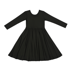 OEM Baby Girls Organic Bamboo Black Long Sleeve Floral Twirl Ruffle Dress Children Casual Long Sleeve One Piece Toddler Dresses