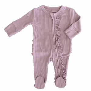 High Quality Infant Plain Knit Waffle Onesie Ruffle Two Way Zipper Long Sleeve Footie Newborn Bodysuit Pajama Cloth Baby Romper