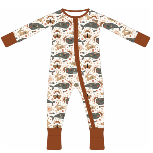 Custom Print Bamboo Spandex Zipper Baby Romper Footie Hand Covers Pajamas Newborn Baby Clothes