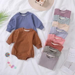 Customized French Terry Organic Cotton Sweatshirt Romper Solid Color Baby Onesie Ready to Ship Kids Bubble Bodysuit