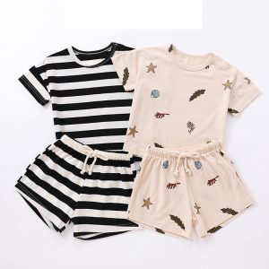 Custom Bamboo Short Sleeve T-Shirt +Shorts 2 Piece Set Kids Clothes Baby Girl and Boys Summer Clothing Set