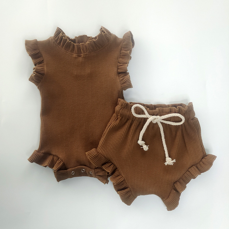 Customized Organic Cotton Baby Ribbed Romper Sleeveless Solid Bodysuit Top with Ruffle Bloomer Clothing Sets Infant Onesie - Image 2