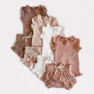 Hot Selling 95% Cotton 5% Spandex Baby Romper Ruffle Bodysuit with Shorts Lotus Leaf Pants Bloomer Sets Infant Ribbed Clothing