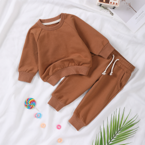 Custom Organic Bamboo Toddler Solid Tracksuit Set Baby Long Sleeved Sweatshirt O-neck Pullover Kids Jogger Sets Hoddie Winter