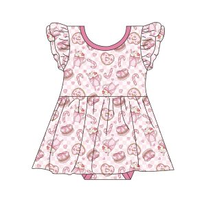 OEM Organic Bamboo Baby Girls Cute Twirl Dresses Snap Button Closure Solid Breathable Onesie Skirt Ruffled Sleeve Bodysuit Dress