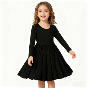 Hot Selling Toddler Girls 95% Bamboo 5% Spandex Midi Twirl Dresses Long Sleeve Black Casual Breathable Children Girls Spin Dress