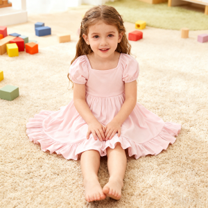 ODM Organic Bamboo Viscose Puff Short Sleeve Kids Girl Twirl Dress Newborn Ruffle Hem Solid Summer Baby Girls Casual Dresses