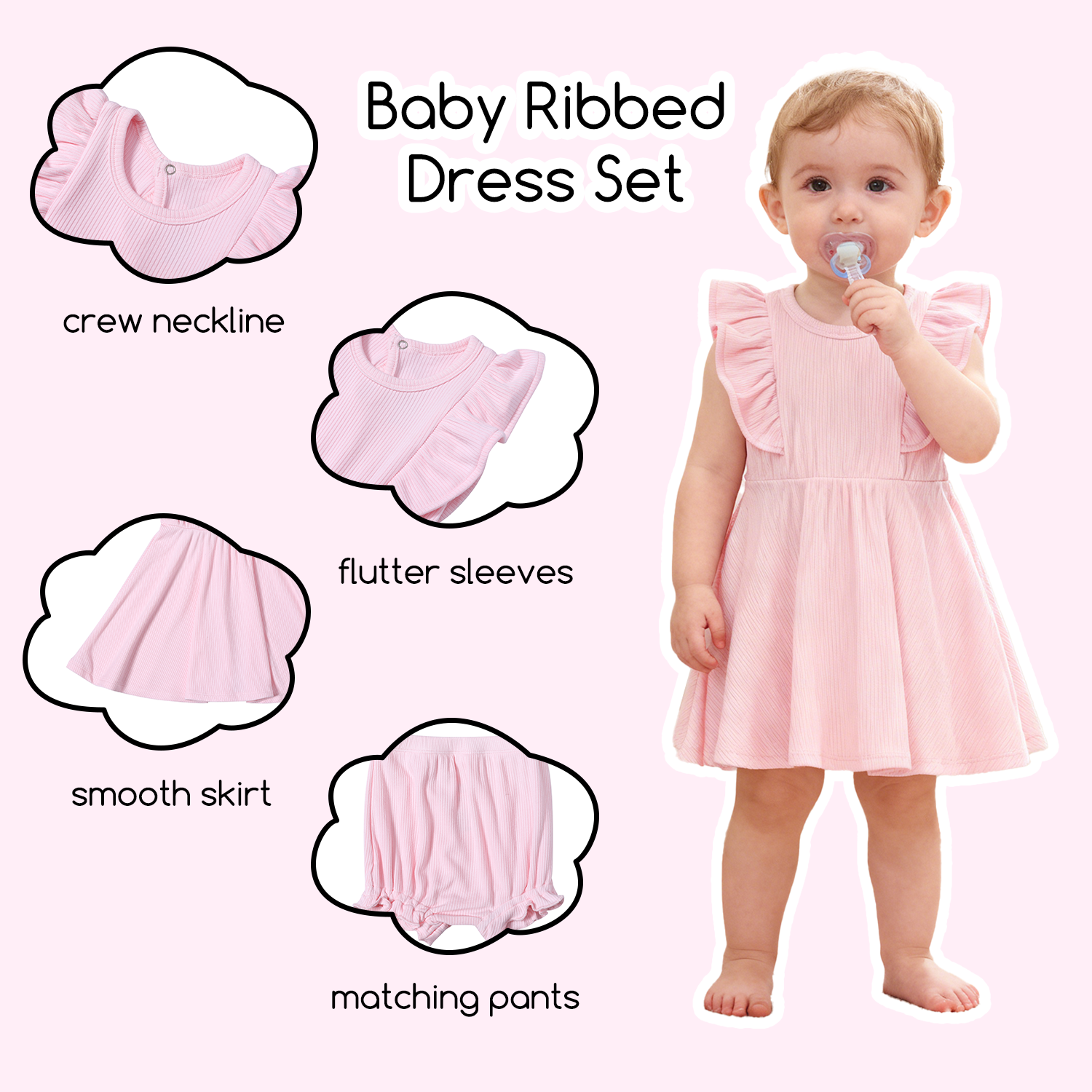 Wholesale 100% Organic Cotton Toddler Girls Summer Dresses Two Piece Set Flutter Sleeves Skirt High Waist Bloomer Baby Dress Set - Image 2