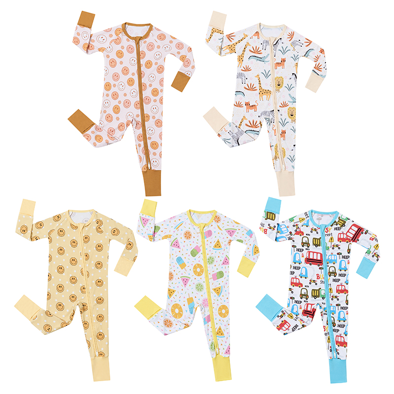 Custom Printed Baby Kid Children Zipper Romper Bamboo Spandex Fabric Jumpsuit Pjs Romper Sleepwear Onesie - Image 3