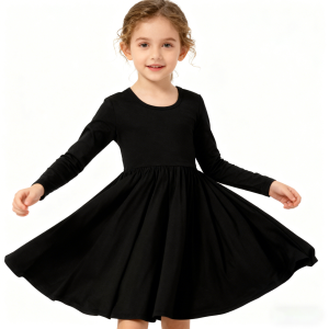 Wholesale Casual Solid Color Bamboo Spandex Long Sleeve Infant Girls Spin Dress Summer Breathable Baby Girls Twirly Dresses
