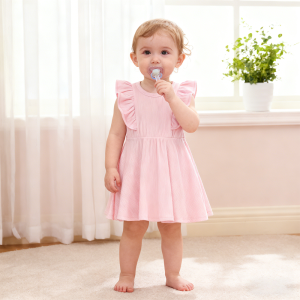 Customized Baby Girl Organic Cotton Casual Dresses Diaper Cover Set Two Piece Flutter Sleeves Soft Breathable Toddler Dress Set