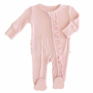 Custom Solid Ruffle Waffle Baby Romper Bodysuit Long Sleeve Two Way Zipper Knit Newborn Pajama Sleeper Infant Footie Onesie