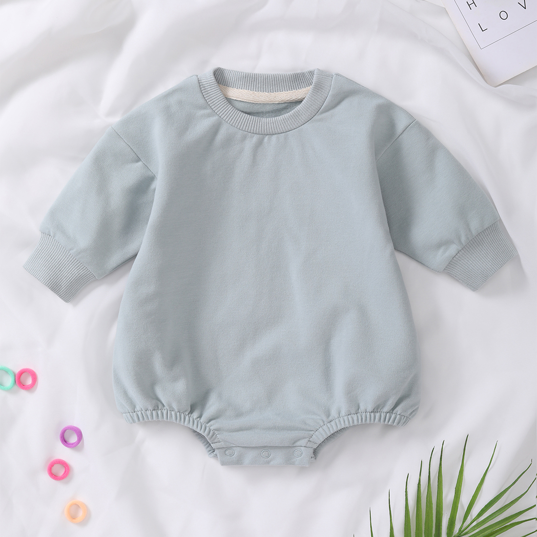 Customized French Terry Organic Cotton Sweatshirt Romper Solid Color Baby Onesie Ready to Ship Kids Bubble Bodysuit - Image 3