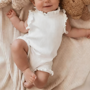 High Quality Ribbed Cotton Baby Ruffle Romper Sleeveless Onesie Top with Drawstring Short Bloomer Pajama Infant Clothing Sets