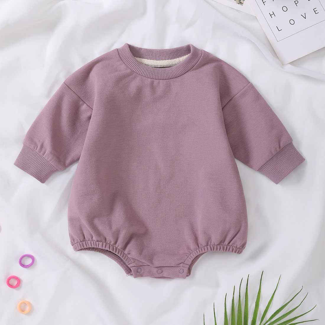 Custom Solid Pattern French Terry Organic Cotton Unisex Toddler Bubble Romper Baby Toddler Sweatshirt Romper with Snap Buttons - Image 6