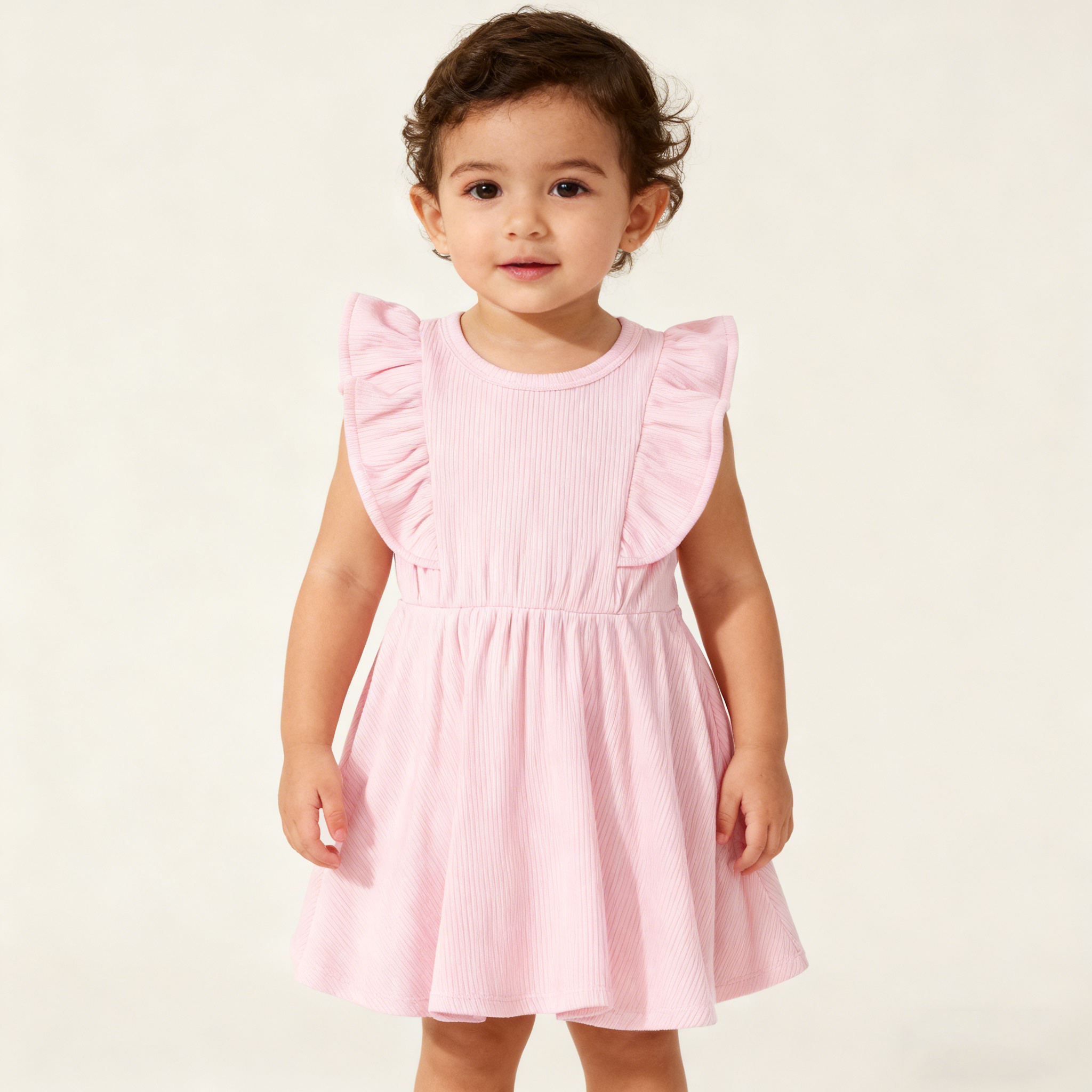 Wholesale 100% Organic Cotton Toddler Girls Summer Dresses Two Piece Set Flutter Sleeves Skirt High Waist Bloomer Baby Dress Set