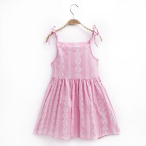 Summer Pink Bamboo Strap Sleeveless Infant Baby Girl Party Wedding Birthday Dresses Kids Dresses for Girls