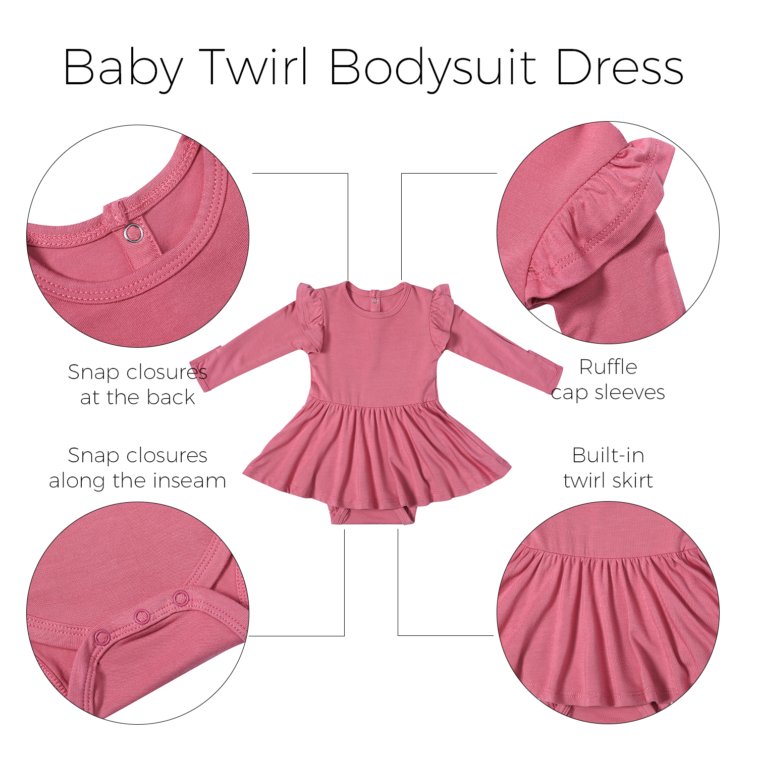 Organic Bamboo Baby Girls Long Sleeve Ruffle Shoulder Bodysuit Dress Snap Button Closure Newborn Romper Onesie Twirl Dress - Image 5