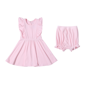 High Quality Baby Girls Two Piece Dress and Diaper Cover Set Summer Newborn Flutter Sleeves Infant Girls Ribbed Dresses Bloomer