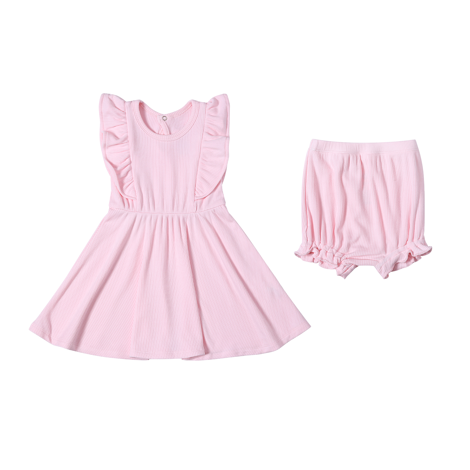 High Quality Baby Girls Two Piece Dress and Diaper Cover Set Summer Newborn Flutter Sleeves Infant Girls Ribbed Dresses Bloomer