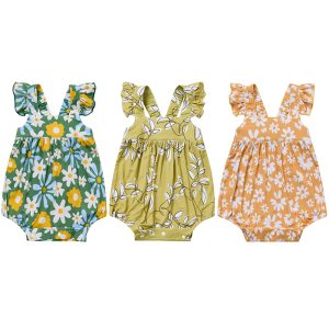 Custom Sleeveless Summer Infant Bodysuits Bamboo Toddler Cute Ruffle Strap Baby Girl Romper Ruffle Style Rompers for Baby Girl