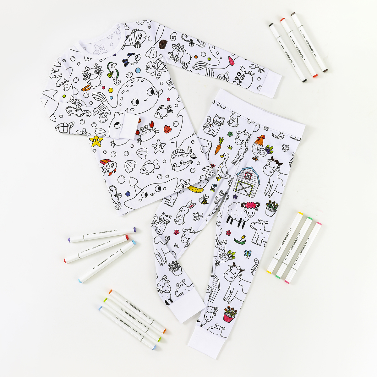 Customize Bamboo Unisex Children's Cartoon Graffiti Interesting Pajama Two Piece Set Home Comfort Wear Kids DIY Coloring Pajamas