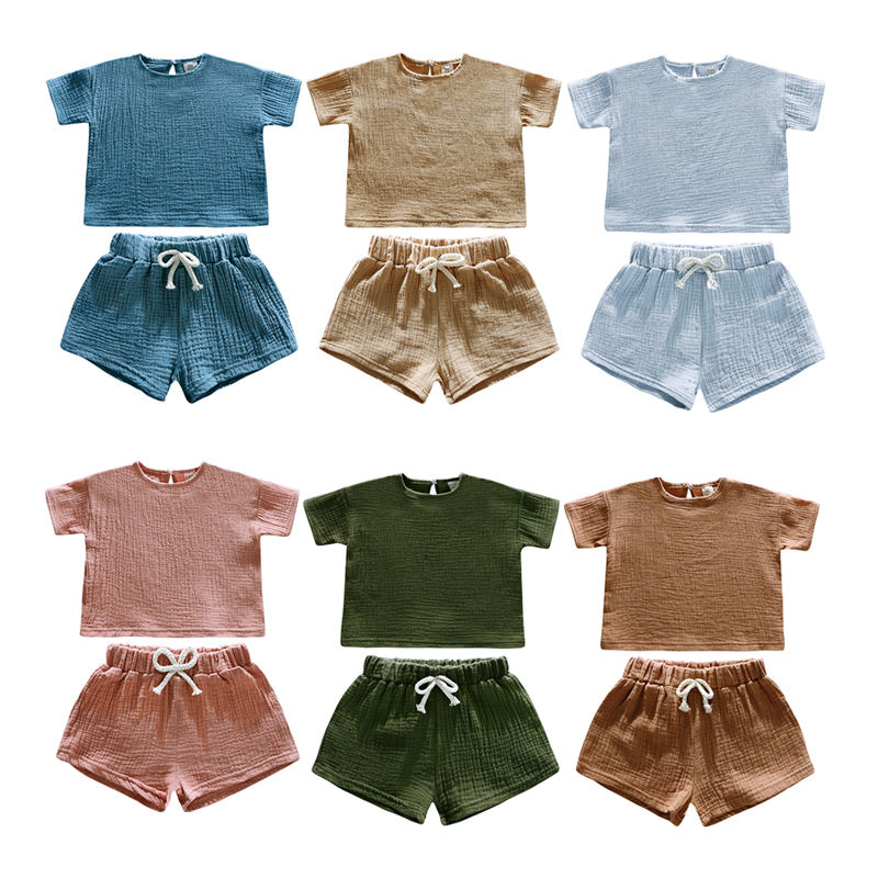 Wholesale Baby Muslin Clothing Set Summer Solid Color Baby Outfits Suit Kids Boys Girls Gauze Cotton Short Sleeve 2 Pieces Set - Image 2
