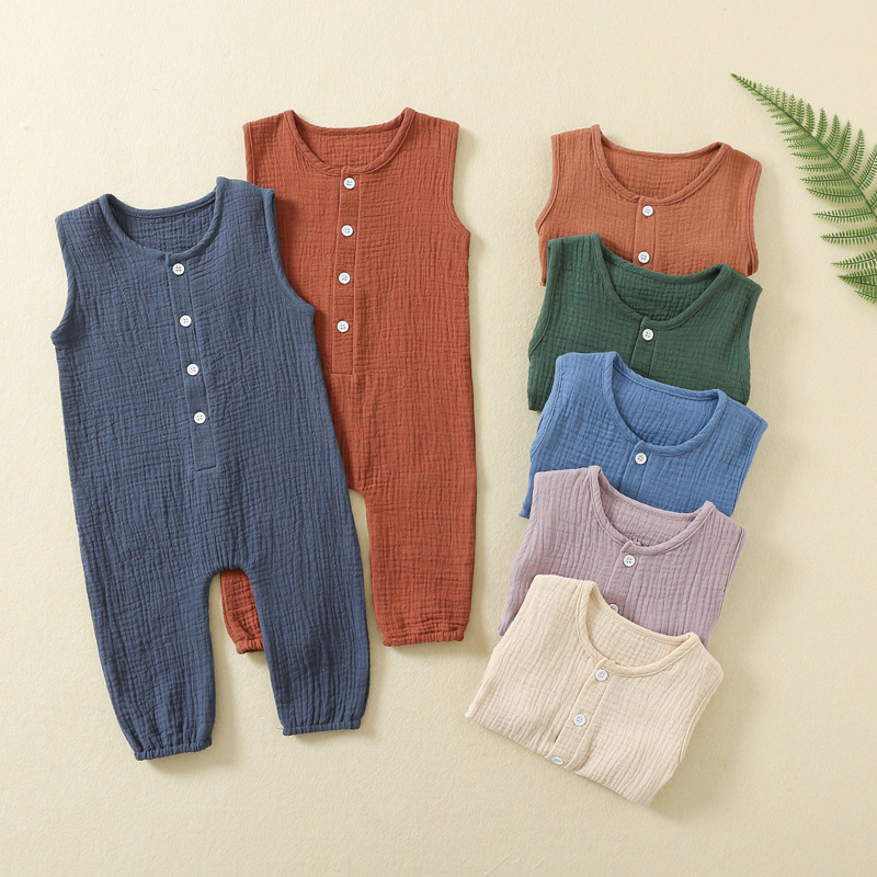 OEM Newborn Baby Outfit Baby Muslin Cotton Sleeveless Romper Bodysuit Solid Color Infant Jumpsuit Summer Baby Pajamas Onesies