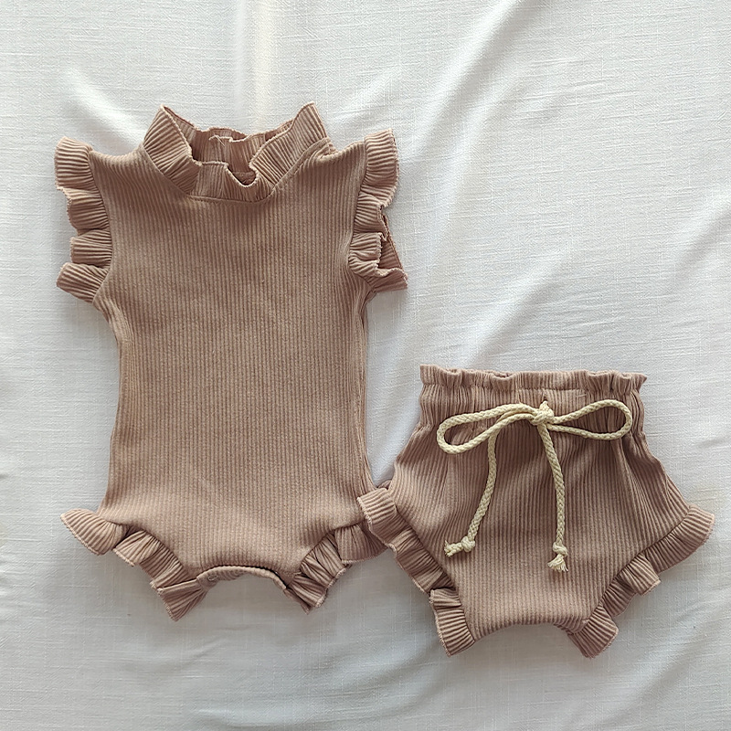 Customized Organic Cotton Baby Ribbed Romper Sleeveless Solid Bodysuit Top with Ruffle Bloomer Clothing Sets Infant Onesie - Image 4