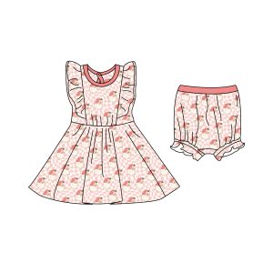 Custom Baby Girls pink Color Dress Set Flutter Sleeves Two Piece Casual Knit Ribbed Summer Children Girls Dresses and Bloomer